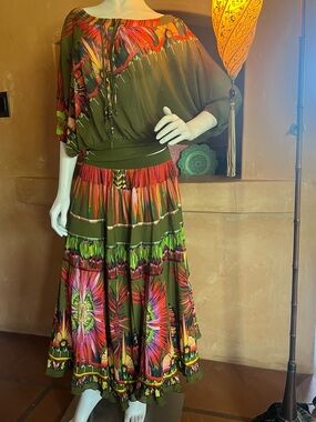 Jean Paul Gaultier Olive Green and Red Printed Top and skirt. Size medium